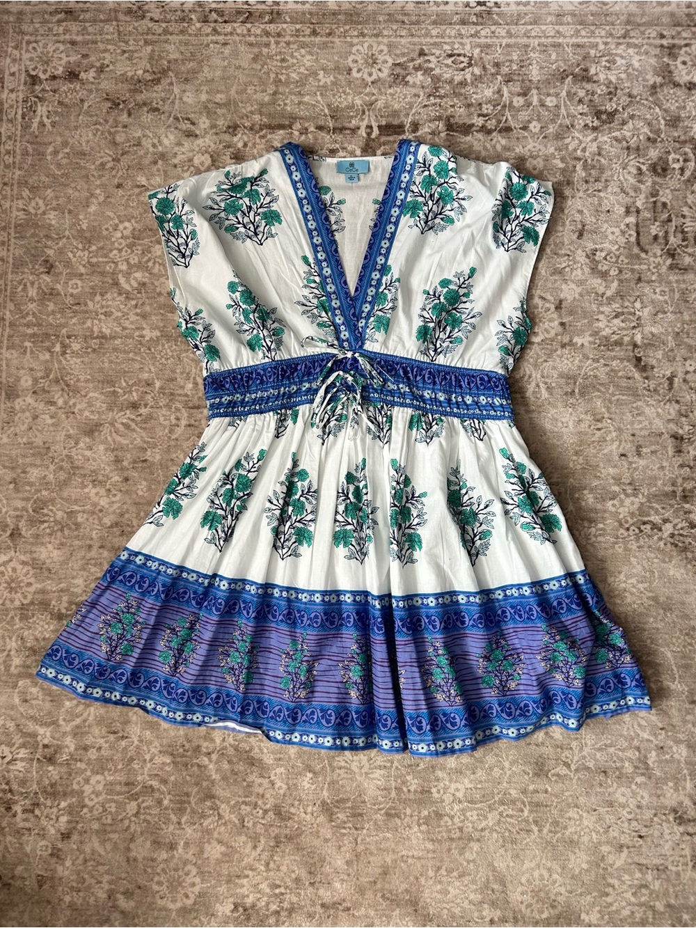 CeCe Floral V-Neck Tunic in White, Blue & Green
